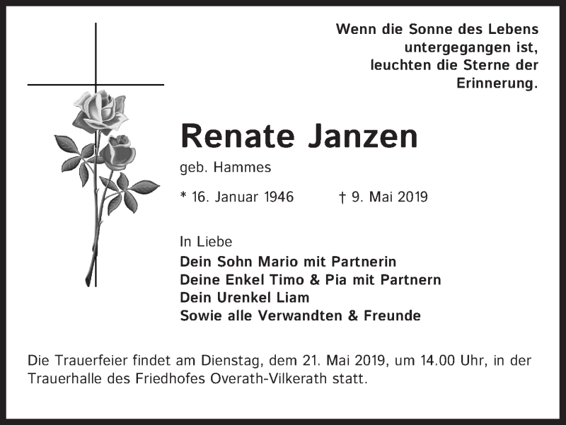  Traueranzeige für Renate Janzen vom 18.05.2019 aus Kölner Stadt-Anzeiger / Kölnische Rundschau / Express