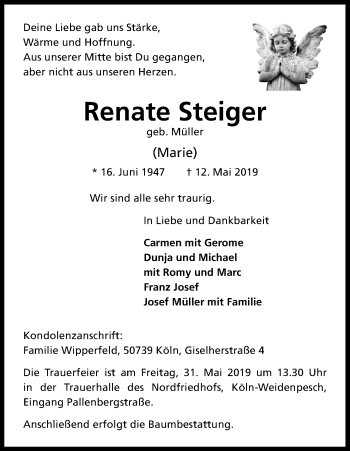 Anzeige von Renate Steiger von Kölner Stadt-Anzeiger / Kölnische Rundschau / Express
