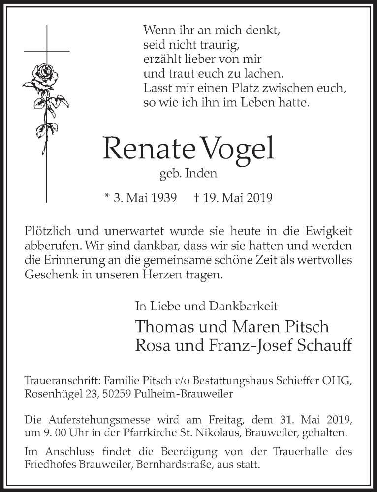  Traueranzeige für Renate Vogel vom 25.05.2019 aus  Sonntags-Post 