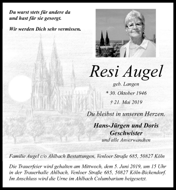 Anzeige von Resi Augel von Kölner Stadt-Anzeiger / Kölnische Rundschau / Express