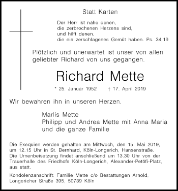 Anzeige von Richard Mette von Kölner Stadt-Anzeiger / Kölnische Rundschau / Express