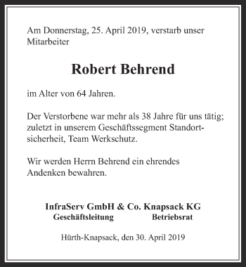 Anzeige von Robert Behrend von  Wochenende  Schlossbote/Werbekurier  Werbepost 