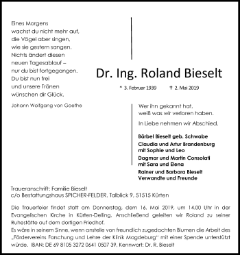 Anzeige von Roland Bieselt von Kölner Stadt-Anzeiger / Kölnische Rundschau / Express