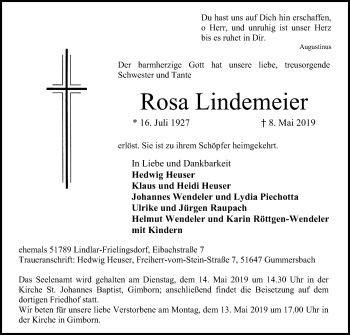 Anzeige von Rosa Lindemeier von Kölner Stadt-Anzeiger / Kölnische Rundschau / Express
