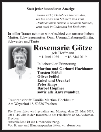 Anzeige von Rosemarie Götze von  Wochenende 