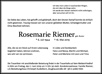 Anzeige von Rosemarie Riemer von Kölner Stadt-Anzeiger / Kölnische Rundschau / Express