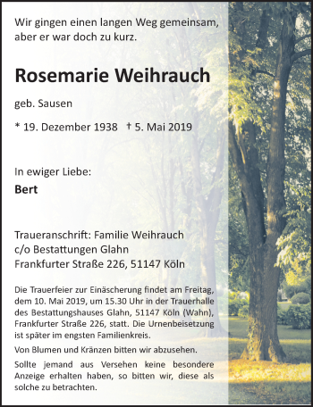 Anzeige von Rosemarie Weihrauch von  Kölner Wochenspiegel 