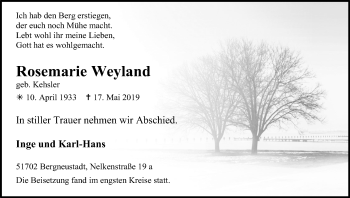 Anzeige von Rosemarie Weyland von Kölner Stadt-Anzeiger / Kölnische Rundschau / Express