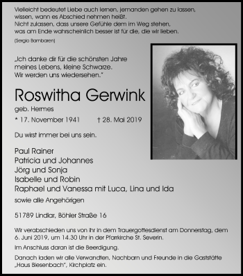 Anzeige von Roswitha Gerwink von Kölner Stadt-Anzeiger / Kölnische Rundschau / Express