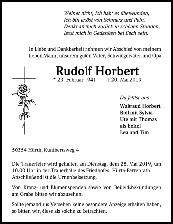 Anzeige von Rudolf Horbert von Kölner Stadt-Anzeiger / Kölnische Rundschau / Express
