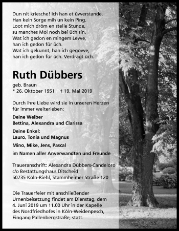 Anzeige von Ruth Dübbers von Kölner Stadt-Anzeiger / Kölnische Rundschau / Express