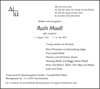 Anzeige von Ruth Maaß von  Anzeigen Echo 