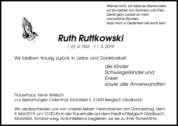 Anzeige von Ruth Ruttkowski von Kölner Stadt-Anzeiger / Kölnische Rundschau / Express