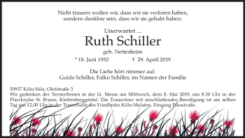 Anzeige von Ruth Schiller von Kölner Stadt-Anzeiger / Kölnische Rundschau / Express