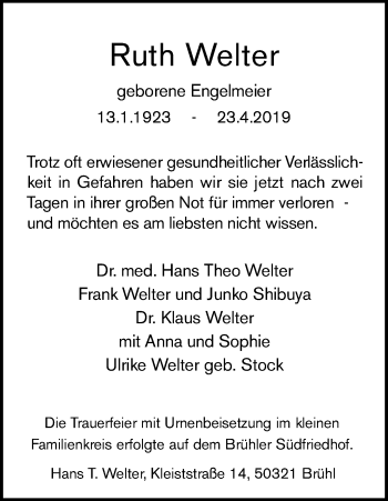 Anzeige von Ruth Welter von Kölner Stadt-Anzeiger / Kölnische Rundschau / Express