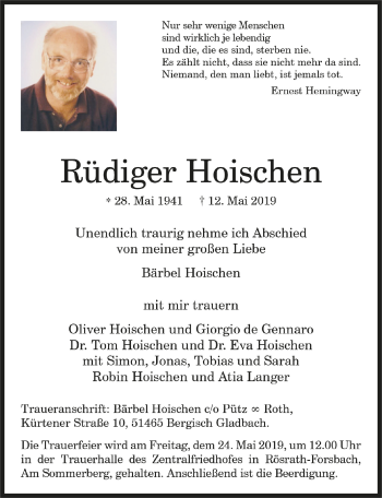 Anzeige von Rüdiger Hoischen von  Bergisches Sonntagsblatt 