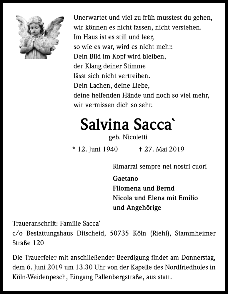  Traueranzeige für Salvina Sacca vom 01.06.2019 aus Kölner Stadt-Anzeiger / Kölnische Rundschau / Express