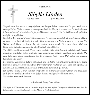 Anzeige von Sibylla Linden von Kölner Stadt-Anzeiger / Kölnische Rundschau / Express