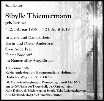 Anzeige von Sibylle Thiemermann von Kölner Stadt-Anzeiger / Kölnische Rundschau / Express
