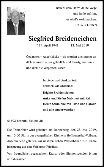 Anzeige von Siegfried Breideneichen von Kölner Stadt-Anzeiger / Kölnische Rundschau / Express