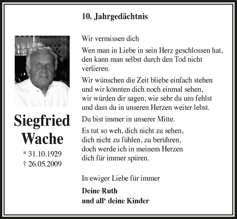  Traueranzeige für Siegfried Wache vom 29.05.2019 aus  Lokalanzeiger 