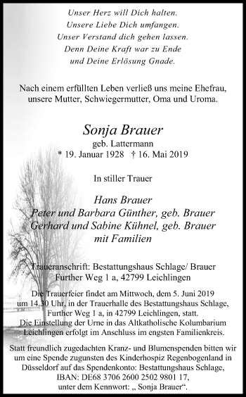 Anzeige von Sonja Brauer von Kölner Stadt-Anzeiger / Kölnische Rundschau / Express