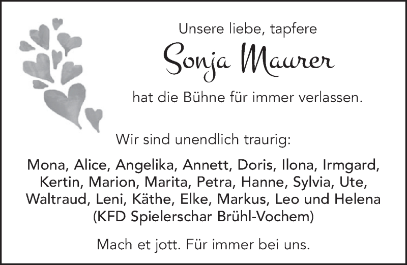  Traueranzeige für Sonja Maurer vom 15.05.2019 aus  Schlossbote/Werbekurier 