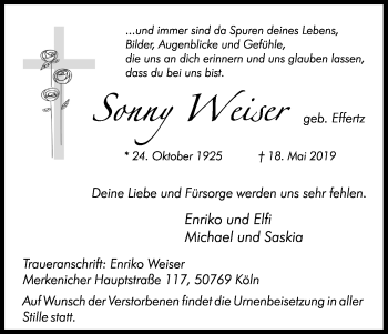 Anzeige von Sonny Weiser von Kölner Stadt-Anzeiger / Kölnische Rundschau / Express