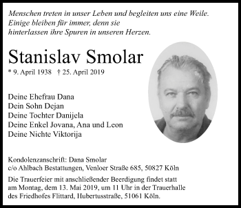 Anzeige von Stanislav Smolar von Kölner Stadt-Anzeiger / Kölnische Rundschau / Express