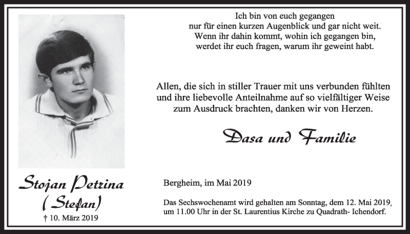  Traueranzeige für Stojan Petrina vom 04.05.2019 aus  Sonntags-Post 