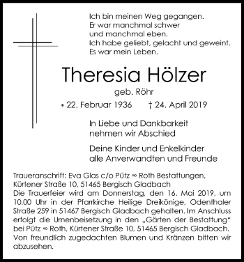 Anzeige von Theresia Hölzer von Kölner Stadt-Anzeiger / Kölnische Rundschau / Express