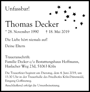 Anzeige von Thomas Decker von Kölner Stadt-Anzeiger / Kölnische Rundschau / Express