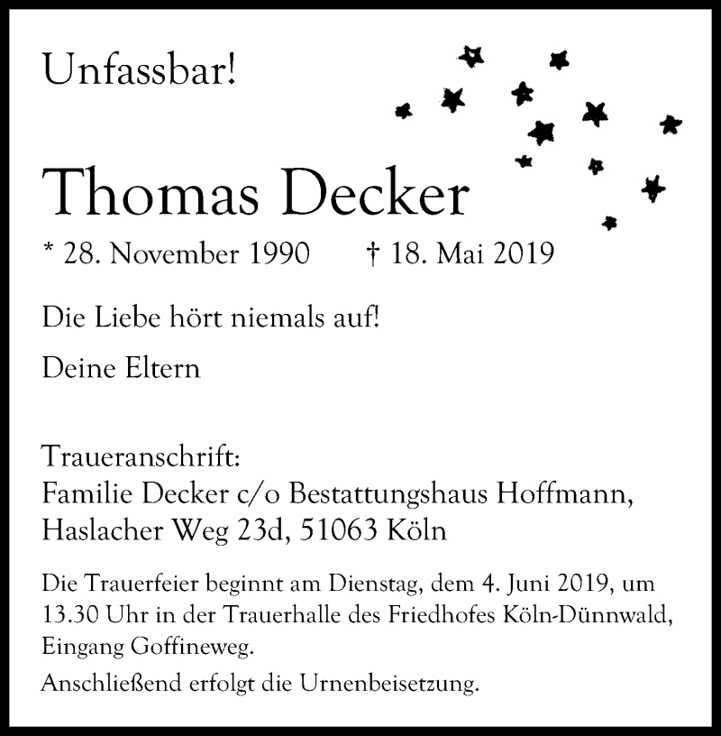  Traueranzeige für Thomas Decker vom 25.05.2019 aus Kölner Stadt-Anzeiger / Kölnische Rundschau / Express