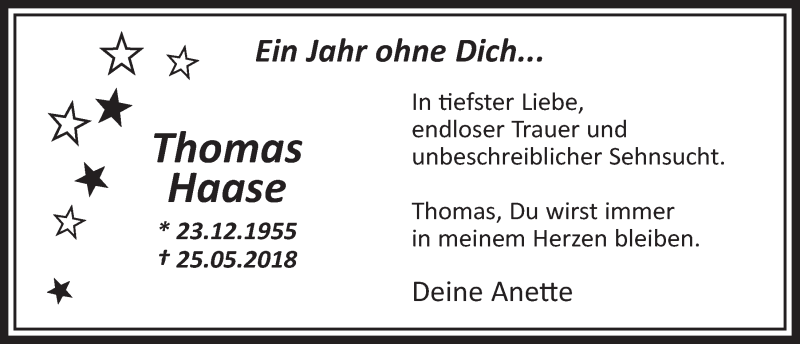  Traueranzeige für Thomas Haase vom 25.05.2019 aus  Sonntags-Post 
