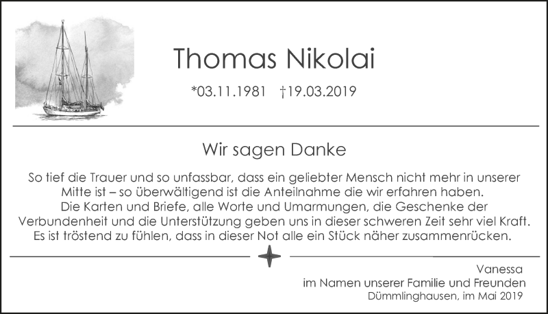  Traueranzeige für Thomas Nikolai vom 08.05.2019 aus  Anzeigen Echo 