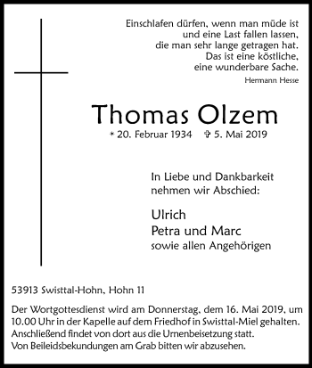 Anzeige von Thomas Olzem von Kölner Stadt-Anzeiger / Kölnische Rundschau / Express