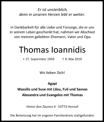 Anzeige von Thomas loannidis von Kölner Stadt-Anzeiger / Kölnische Rundschau / Express