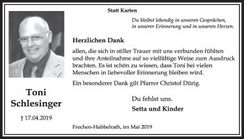 Anzeige von Toni Schlesinger von  Sonntags-Post 