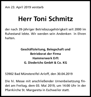 Anzeige von Toni Schmitz von Kölner Stadt-Anzeiger / Kölnische Rundschau / Express