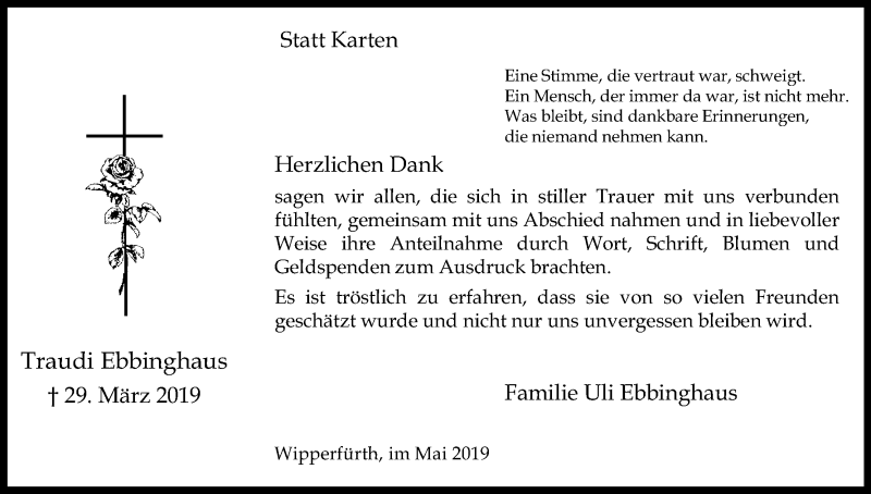 Traueranzeige für Traudi Ebbinghaus vom 18.05.2019 aus Kölner Stadt-Anzeiger / Kölnische Rundschau / Express