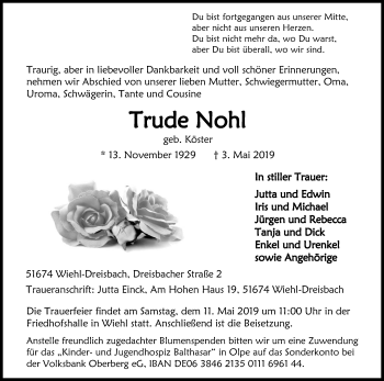 Anzeige von Trude Nohl von Kölner Stadt-Anzeiger / Kölnische Rundschau / Express