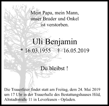 Anzeige von Uli Benjamin von Kölner Stadt-Anzeiger / Kölnische Rundschau / Express