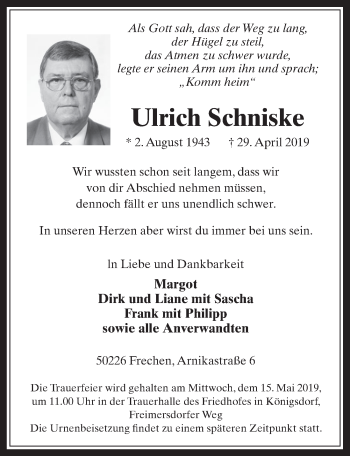 Anzeige von Ulrich Schniske von  Wochenende 