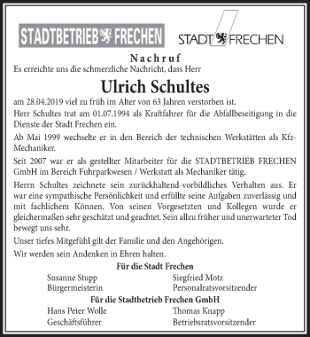 Anzeige von Ulrich Schultes von  Sonntags-Post 