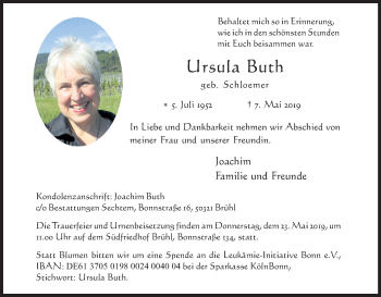 Anzeige von Ursula Buth von Kölner Stadt-Anzeiger / Kölnische Rundschau / Express