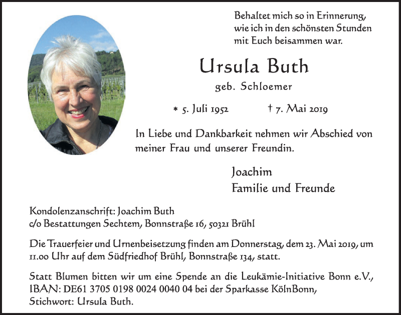  Traueranzeige für Ursula Buth vom 15.05.2019 aus  Schlossbote/Werbekurier 