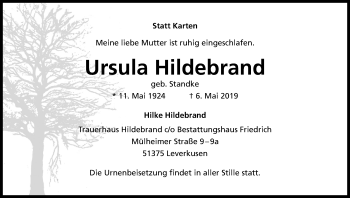 Anzeige von Ursula Hildebrand von Kölner Stadt-Anzeiger / Kölnische Rundschau / Express