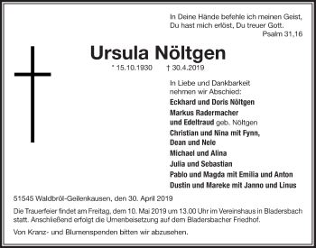 Anzeige von Ursula Nöltgen von  Lokalanzeiger 