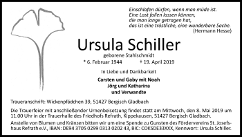 Anzeige von Ursula Schiller von Kölner Stadt-Anzeiger / Kölnische Rundschau / Express