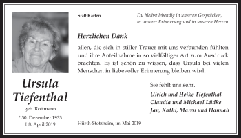 Anzeige von Ursula Tiefenthal von  Wochenende 
